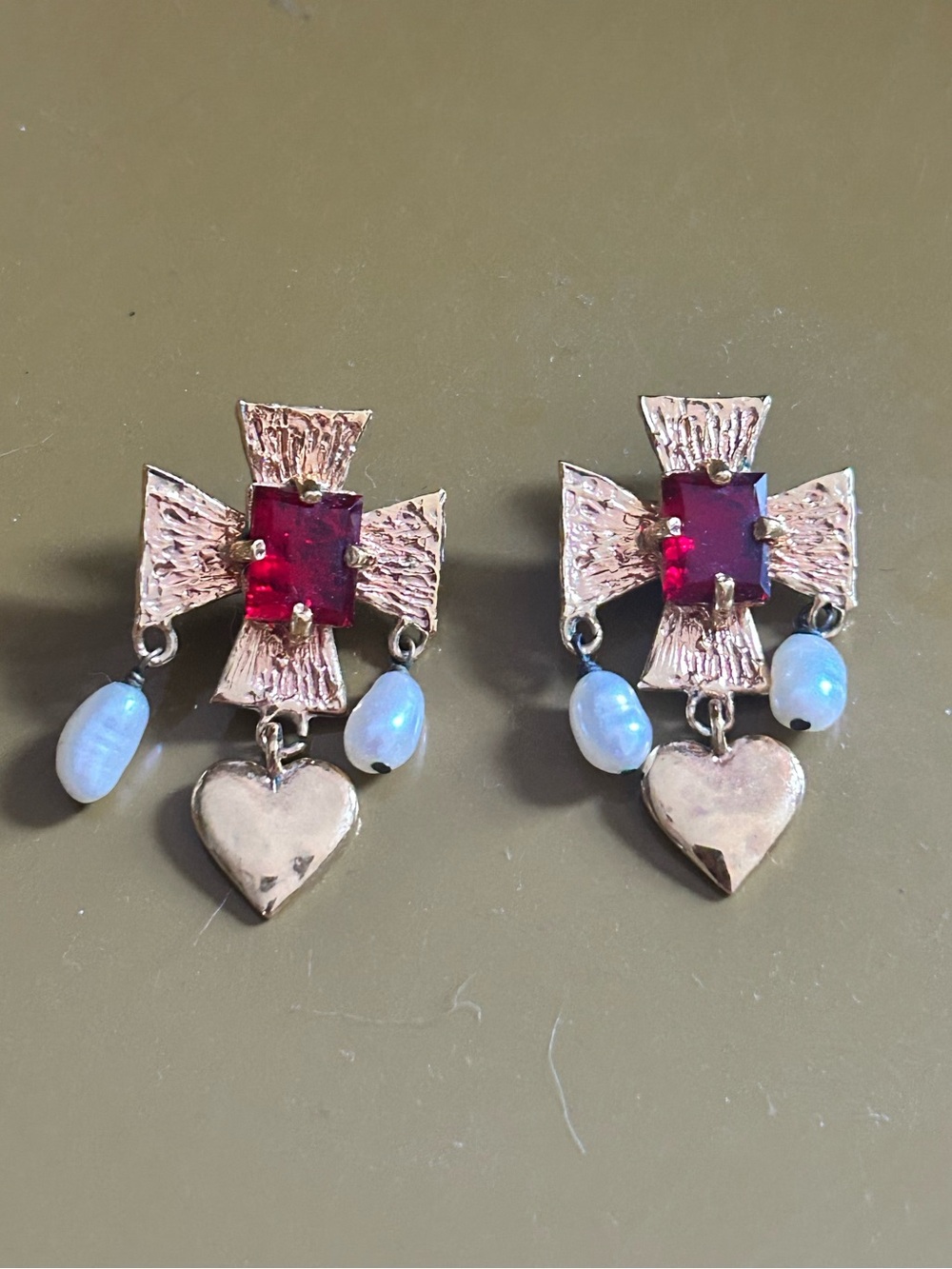 MONDO MONDO Gold-Tone Cross & Heart Drop Earrings with Red Stone and Pearls